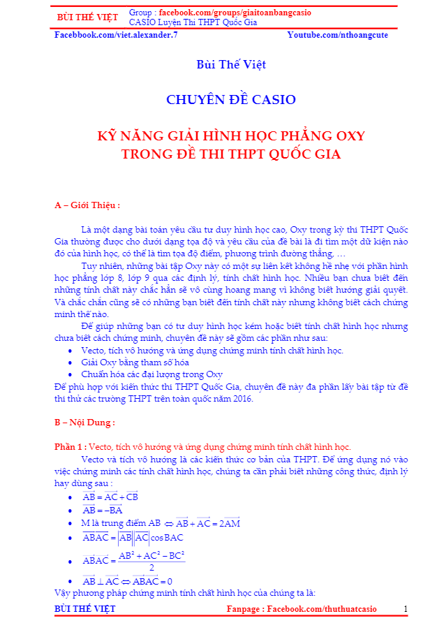 Một số phương pháp giải bài toán hình học tọa độ phẳng Oxy - Bùi Thế Việt